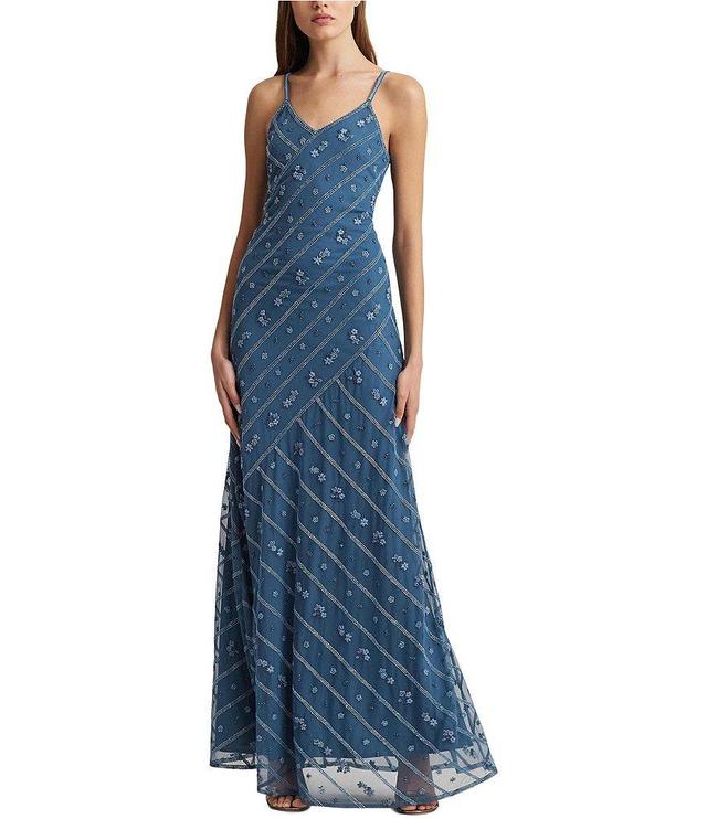 Lauren Ralph Lauren Beaded Mesh V-Neck Sleeveless Gown Product Image