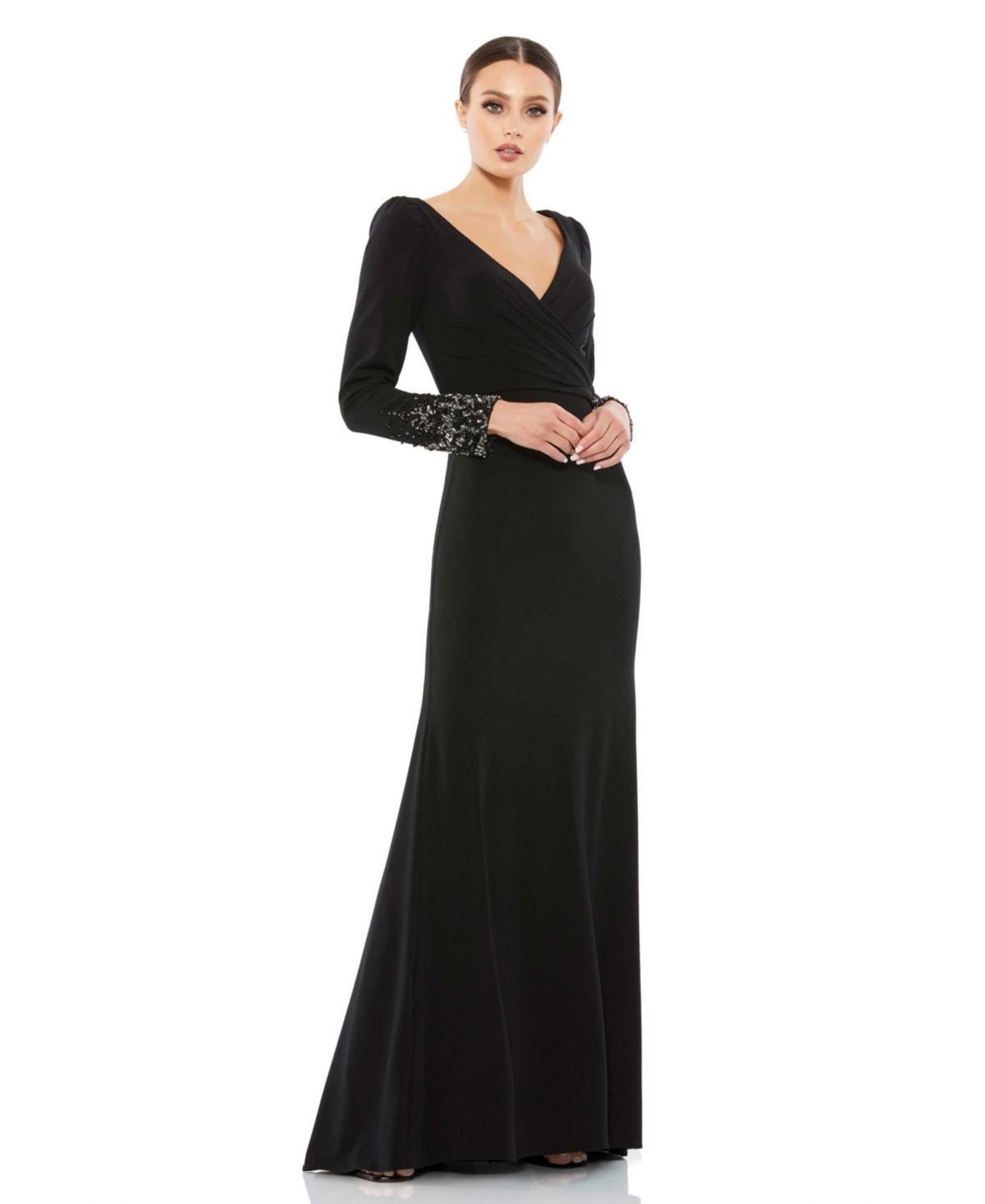 Mac Duggal Beaded Cuff Long Sleeve Wrap Front Gown Product Image