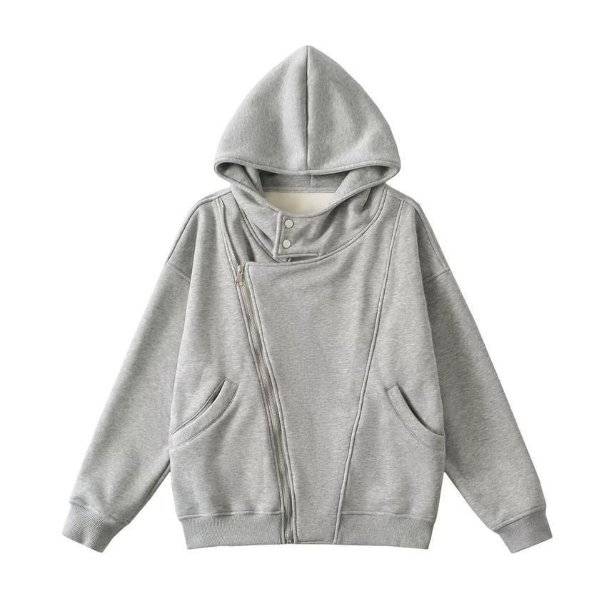 Long-Sleeve Asymmetrical Plain Zip Detail Hoodie Product Image