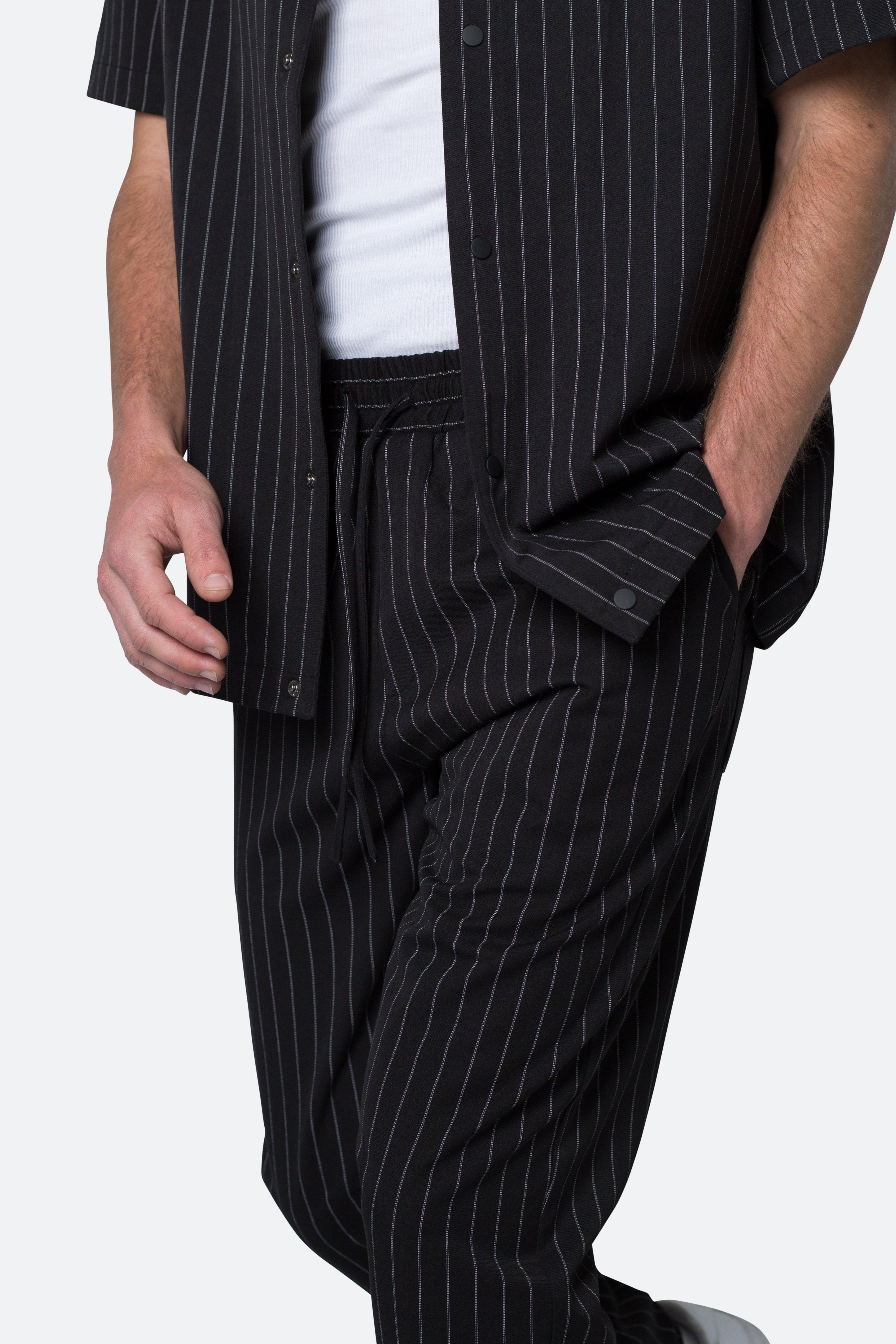 Pinstripe Drawcord Pants - Black Product Image