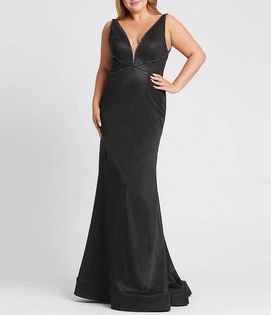 Mac Duggal Plus Size Deep V-Neck Sleeveless Shimmer Gown Product Image