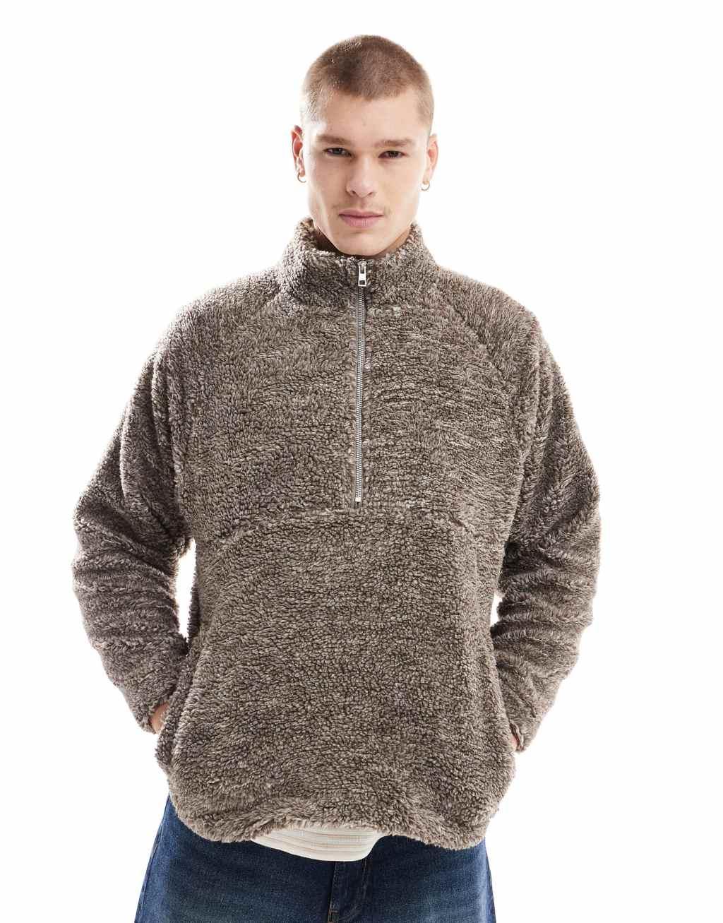 Cotton On quarter zip teddy fleece pullover in putty Product Image