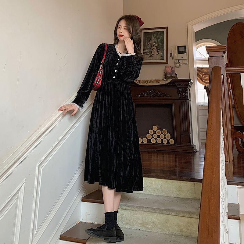 Long-Sleeve V-Neck Frill Trim Velvet Midi A-Line Dress Product Image