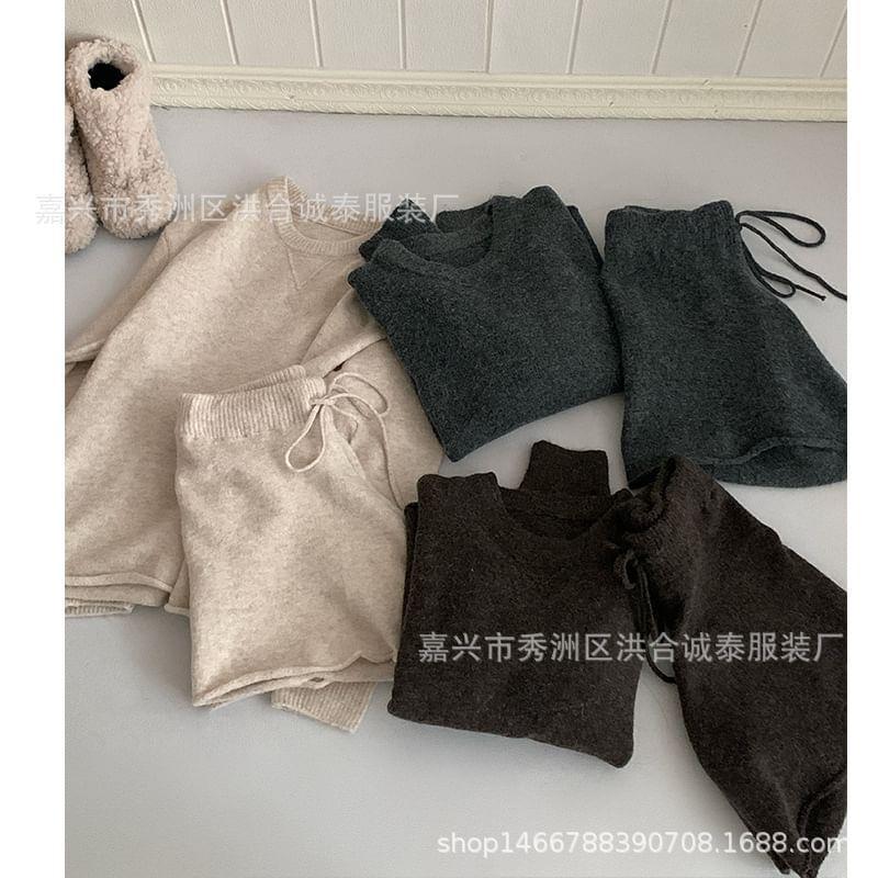 Set: Round Neck Plain Sweater + Drawstring Waist Knit Shorts Product Image