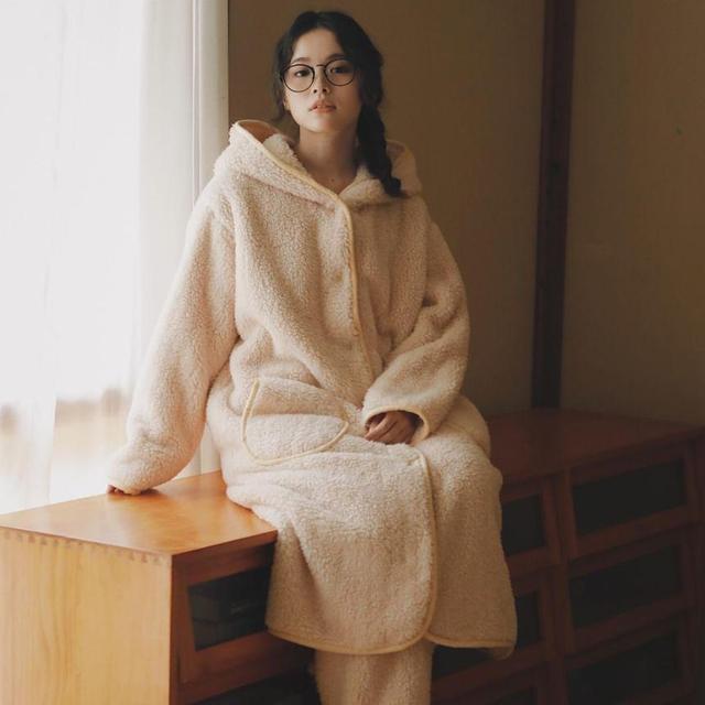 Plain Hood Fleece Button Robe / Straight Leg Pants / Set Product Image