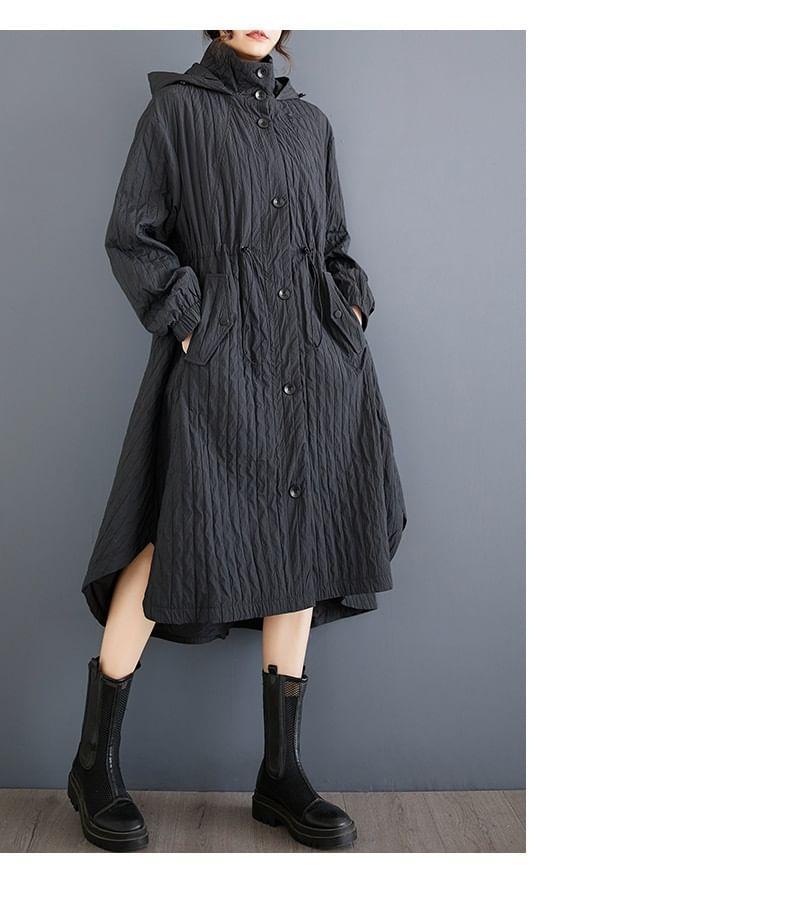 Stand Collar Plain Drawstring-Waist Hood Midi Button Trench Coat Product Image