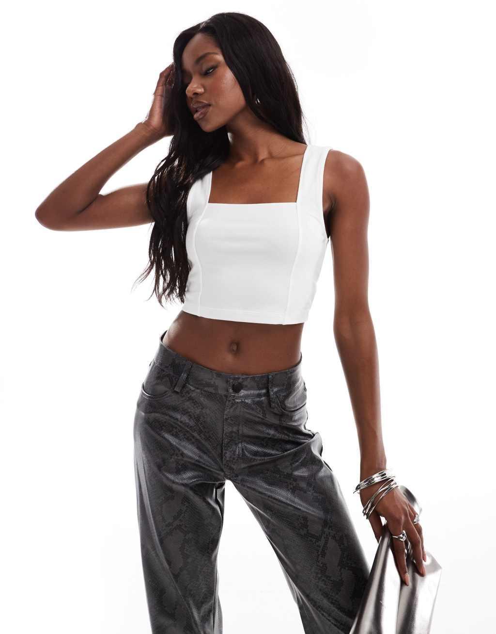 ASOS DESIGN cropped square neck cami with seam detail in white product image