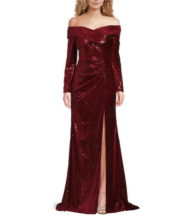 Terani Couture Velvet Sequin Off-The-Shoulder Long Sleeve High Slit Sheath Gown Product Image