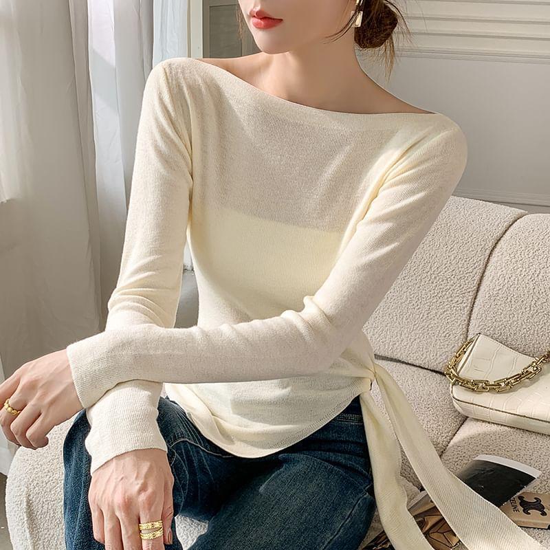 Long-Sleeve Boat Neck Plain Asymmetrical Tie Side Slim Fit Knit Top Product Image