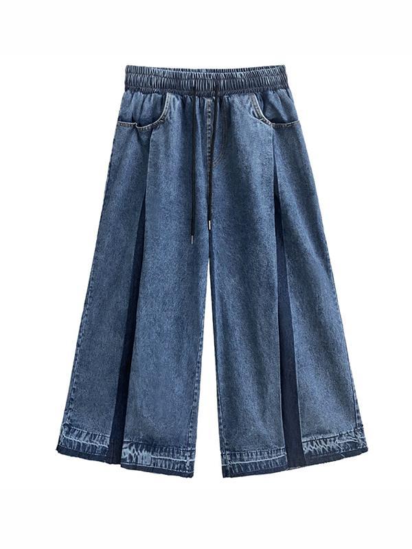 Loose Wide Leg Contrast Color Drawstring Fringed Pockets Jean Pants Bottoms Product Image