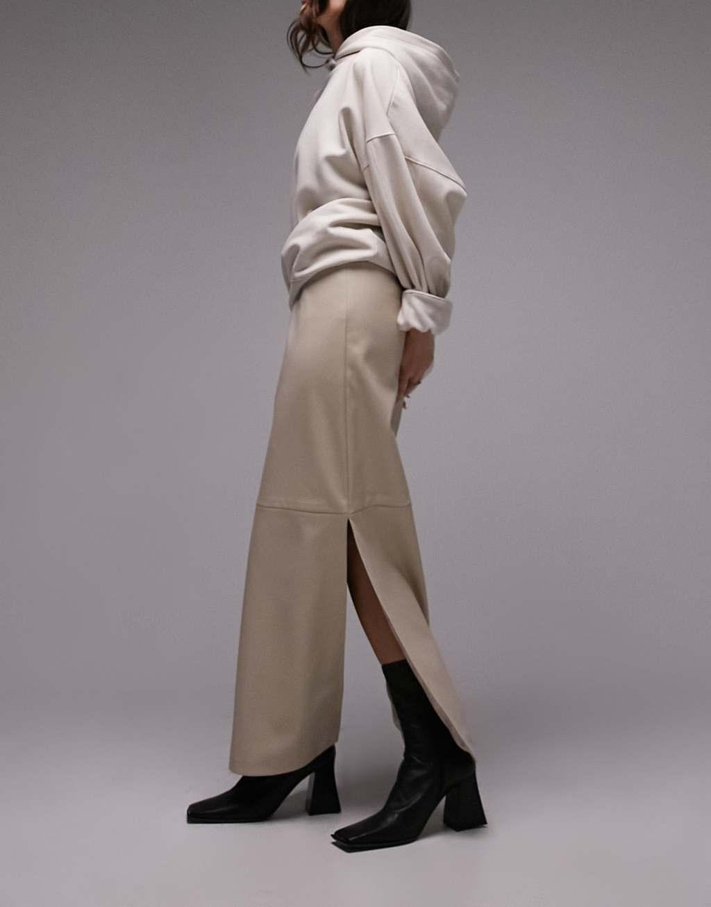 Topshop leather look clean bias maxi skirt in neutral Product Image