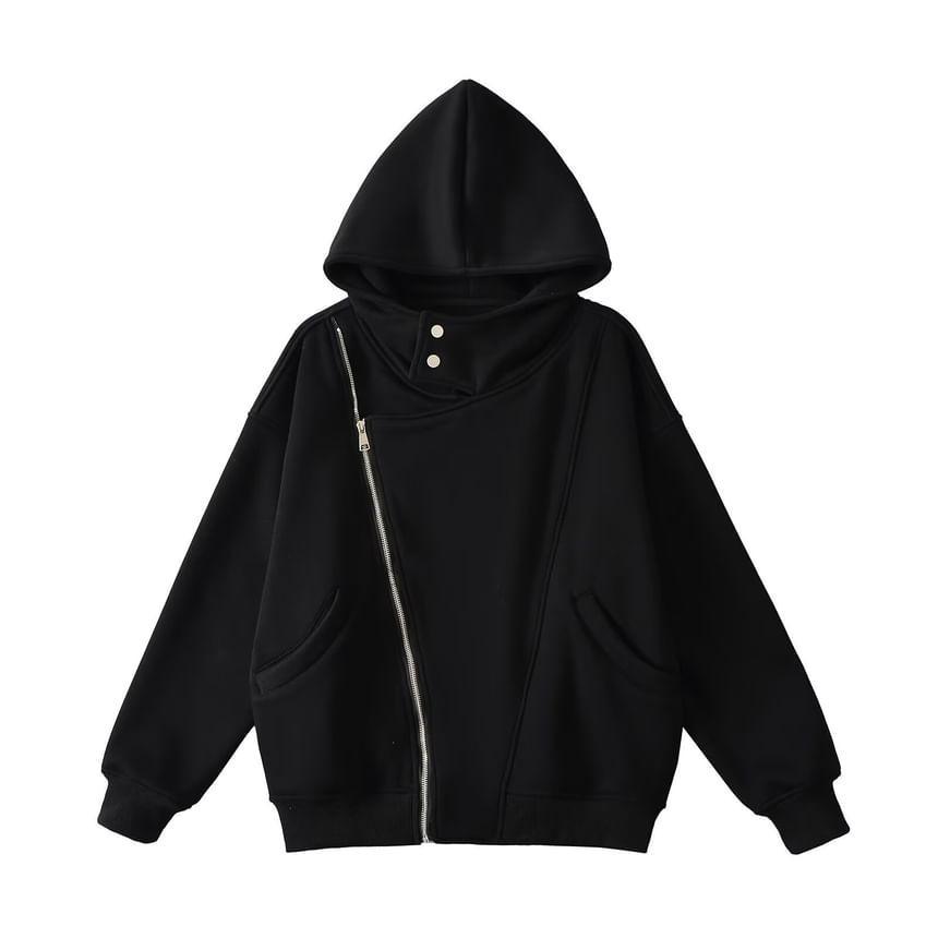 Long-Sleeve Asymmetrical Plain Zip Detail Hoodie Product Image