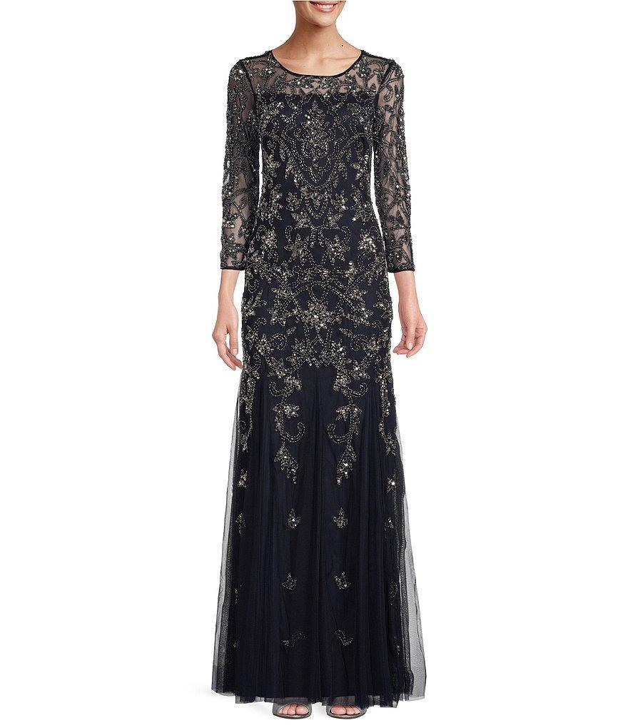 Adrianna Papell Beaded Illusion 3/4 Sleeve Scoop Neck Gown Product Image