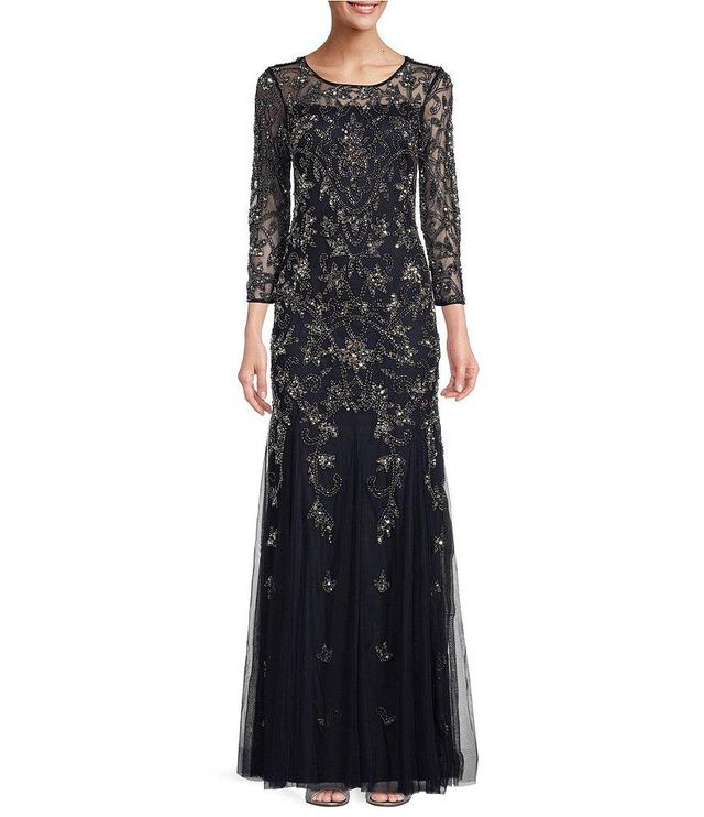 Adrianna Papell Beaded Illusion 3/4 Sleeve Scoop Neck Gown Product Image