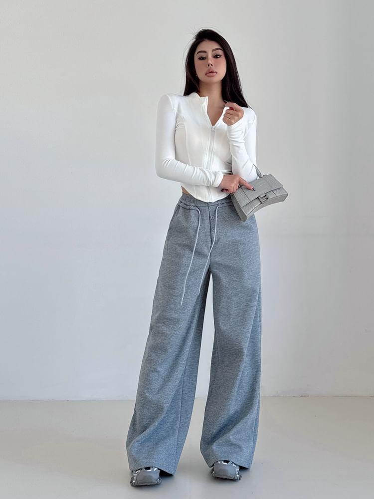 Elastic Waist Plain Wide Leg Sweatpants Product Image