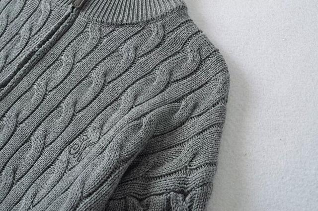 Stand Collar Half Zip Plain Cable Knit Sweater Product Image