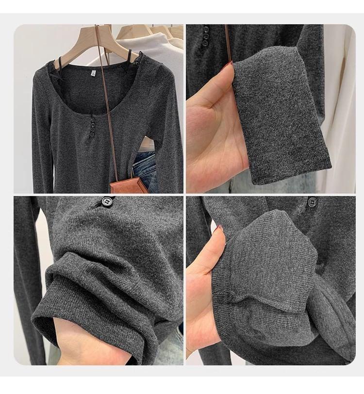 Long-Sleeve Scoop Neck Plain Lace Trim T-Shirt Product Image