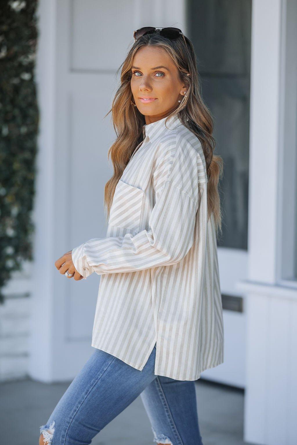 Grey and White Striped Button Down Shirt Product Image