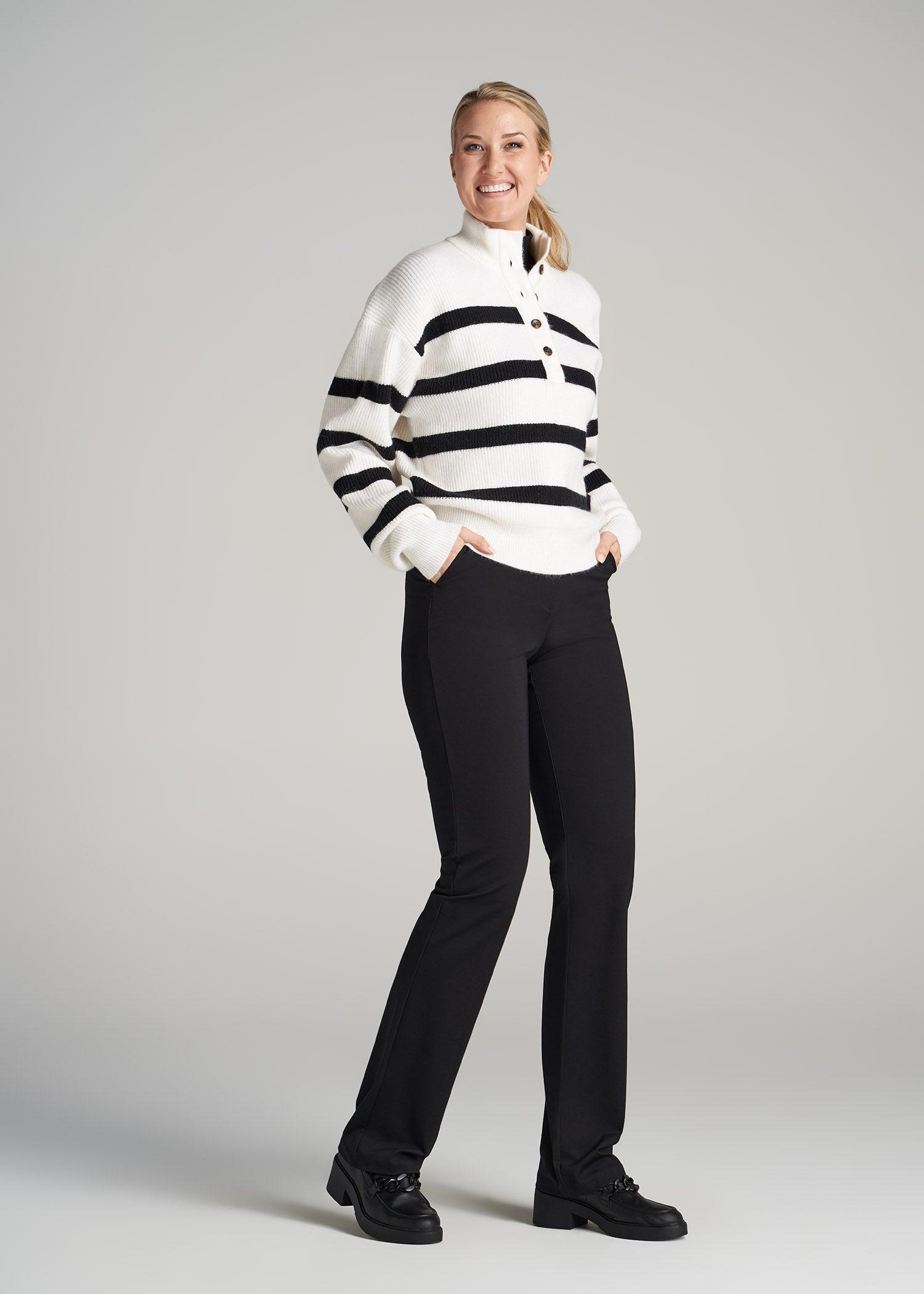 Button Front Mock Neck Sweater for Tall Women in Off White & Black Stripe Product Image