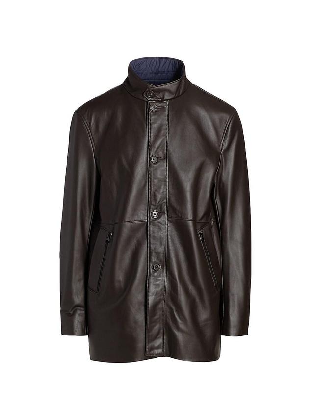 Mens Leather Stand Collar Longline Jacket Product Image