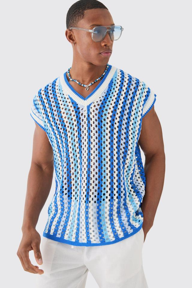 Mens White Boxy Oversized Open Stitch V Neck Stripe jumper Vest, White Product Image