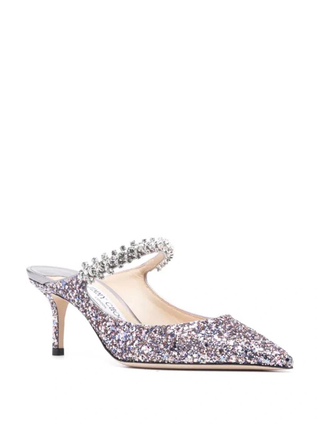 JIMMY CHOO Women's Bing 65 Crystal Strap Glitter Heel Mules In Silver Product Image