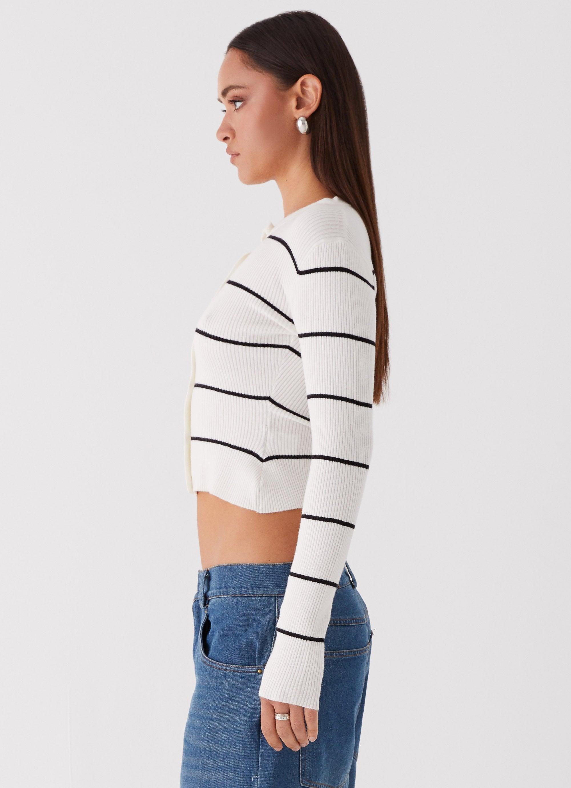 Kaylee Fitted Cardigan - White Stripe Product Image