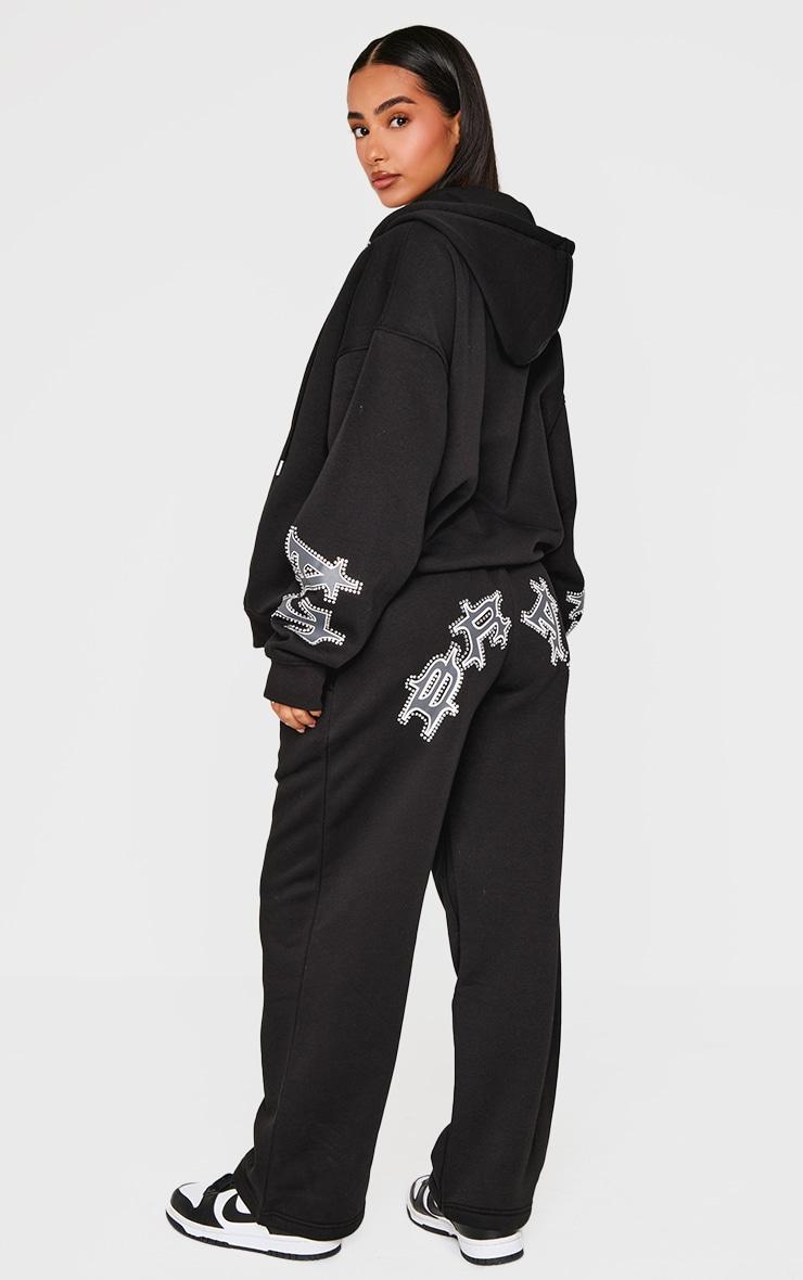 Petite Black Diamante Graphic Detail Wide Leg Sweatpants Product Image