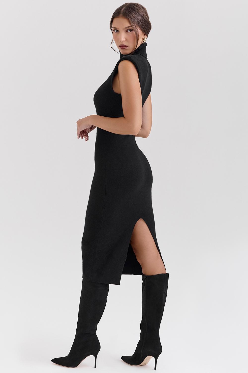 Gaia Black Cashmere Blend Turtle Neck Midi Dress Product Image