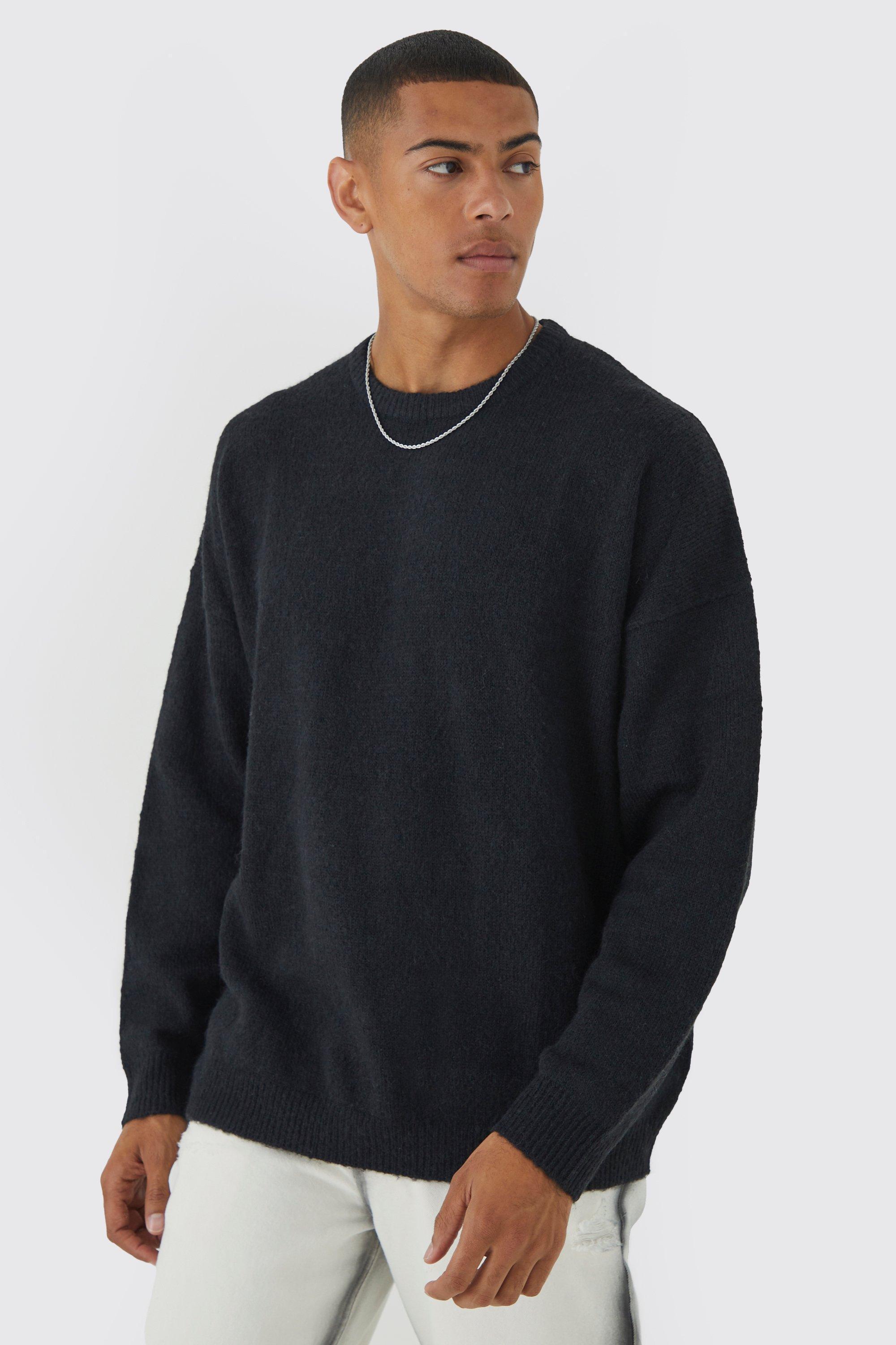 Mens Black Oversized Brushed Yarn Crew Neck Jumper, Black Product Image