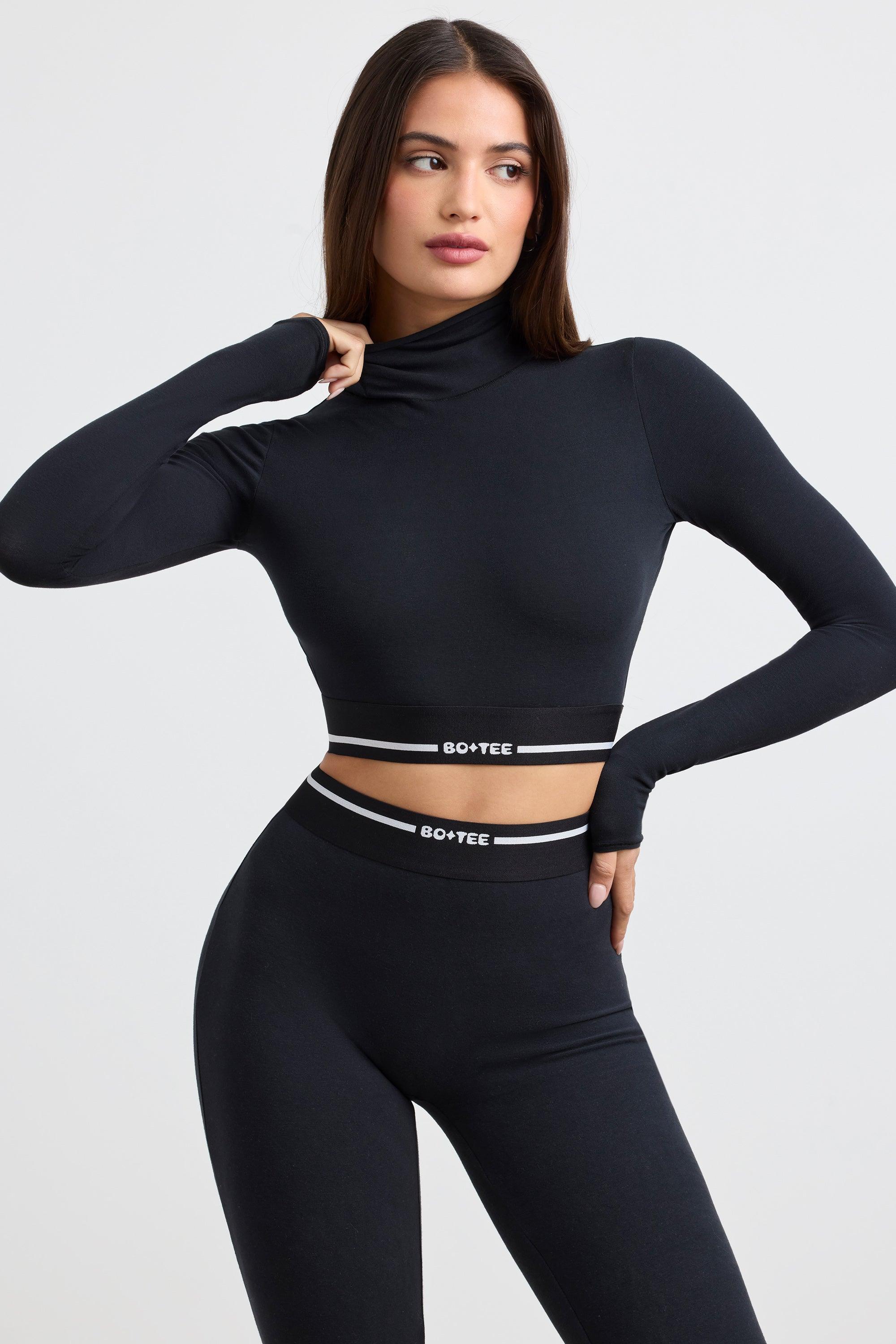 Turtleneck Backless Long-Sleeve Crop Top in Black Product Image