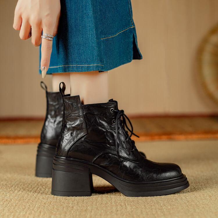 Chunky Heel Plain Lace-Up Genuine Leather Short Boots product image