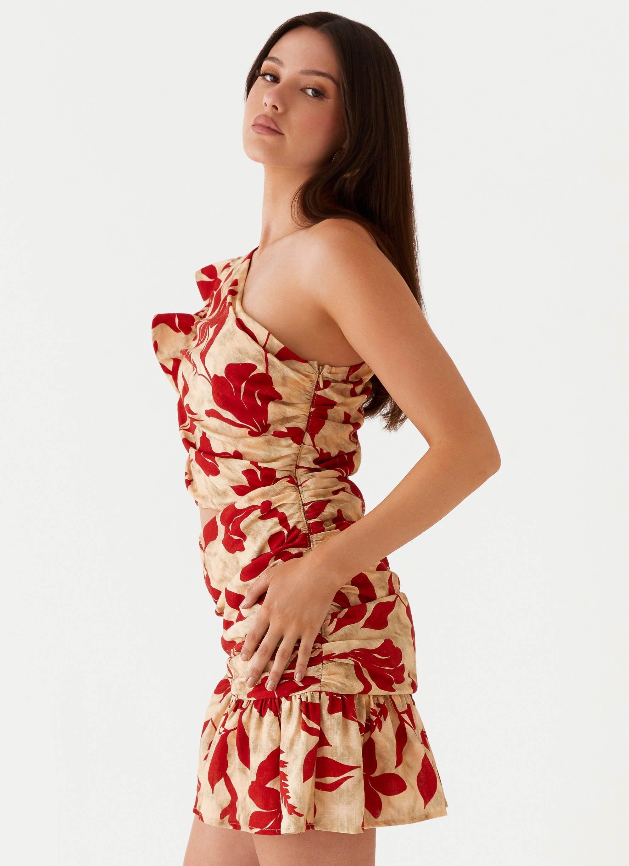 Maisie Linen Mini Dress - Red Green Floral Product Image