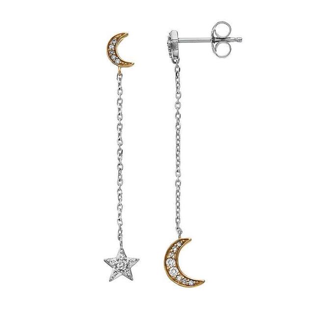 Two-Tone 10k Gold & Sterling Silver 1/8 Carat T.W. Diamond Mismatched Moon & Star Linear Drop Earrings, Womens, Two Tone Product Image