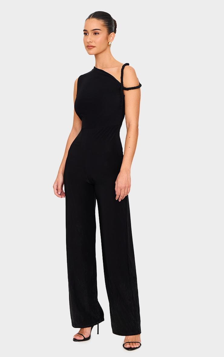 Black Slinky Twist Shoulder Wide Leg Jumpsuit Product Image