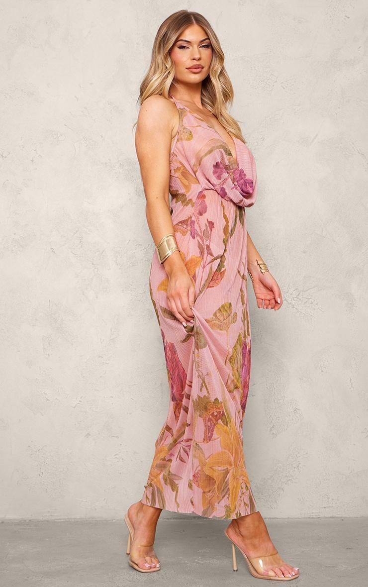 Pink Print Sheer Plisse Cowl Neck Maxi Dress Product Image