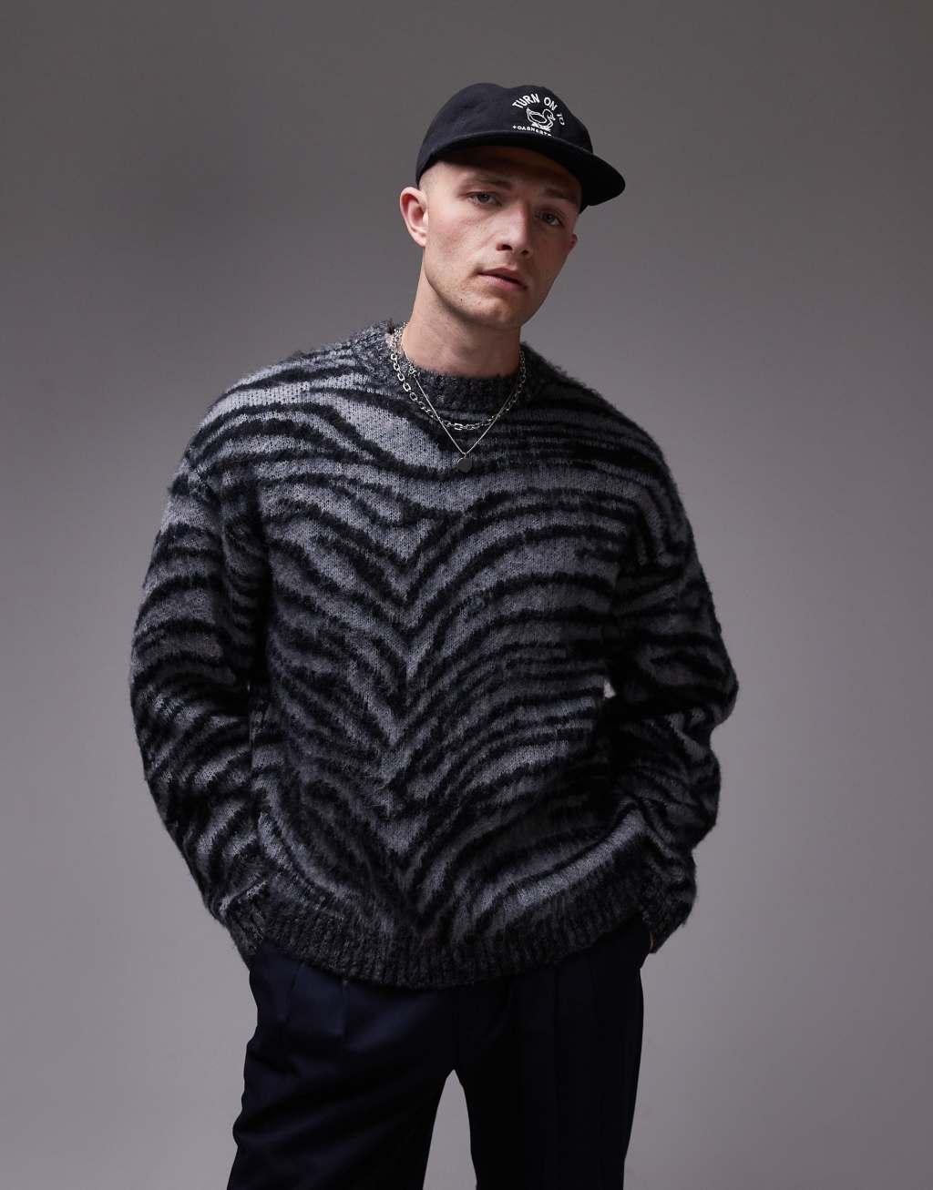 Topman relaxed fit crew neck sweater in black & white animal print Product Image