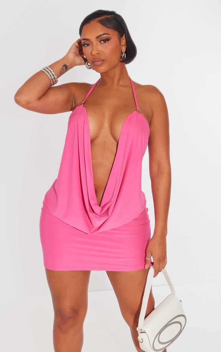 Shape Bright Pink Slinky Ring Detail Cowl Neck Bodycon Dress Product Image