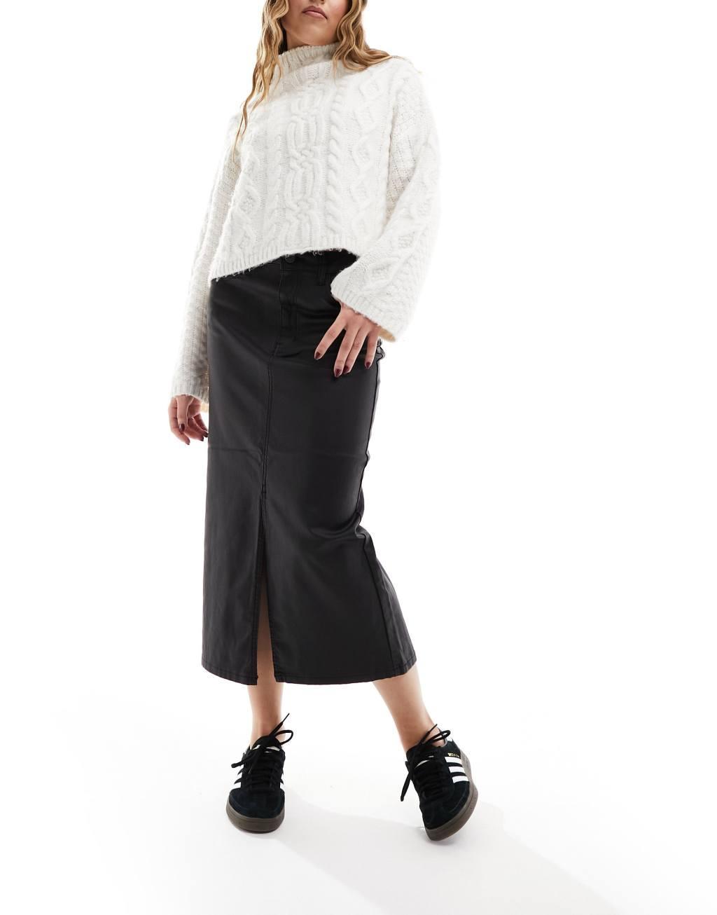 Object coated midi skirt with split front in black Product Image