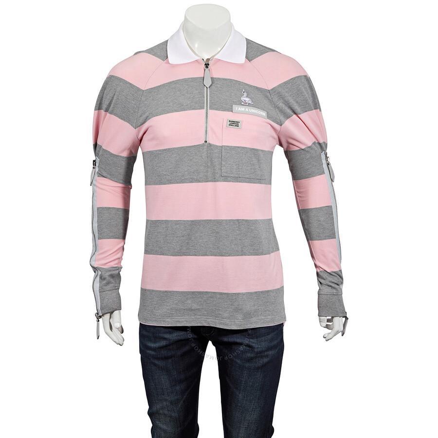 BURBERRY Men's Long-sleeved Zip Detail Striped Polo Shirt In Pale Pink Ip Pattern Product Image