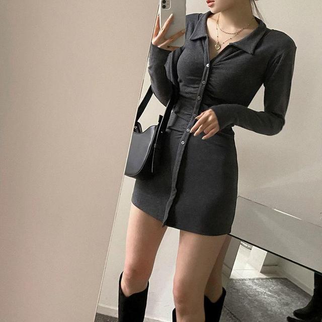 Long-Sleeve Collated Button-Up Plain Mini Bodycon Dress Product Image