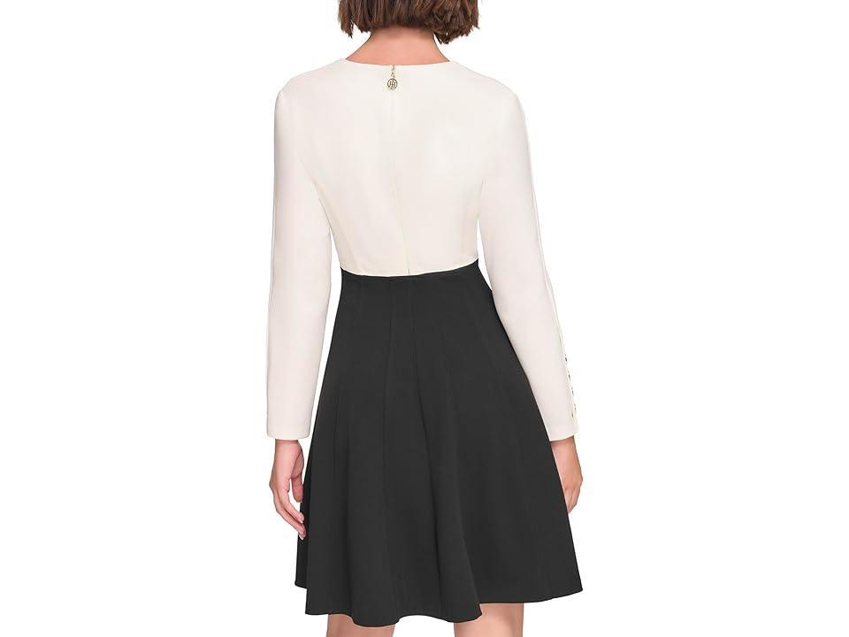 Tommy Hilfiger Long Sleeve Scuba Crepe Color-Block Fit-and-Flare (Cream/Black) Women's Dress Product Image