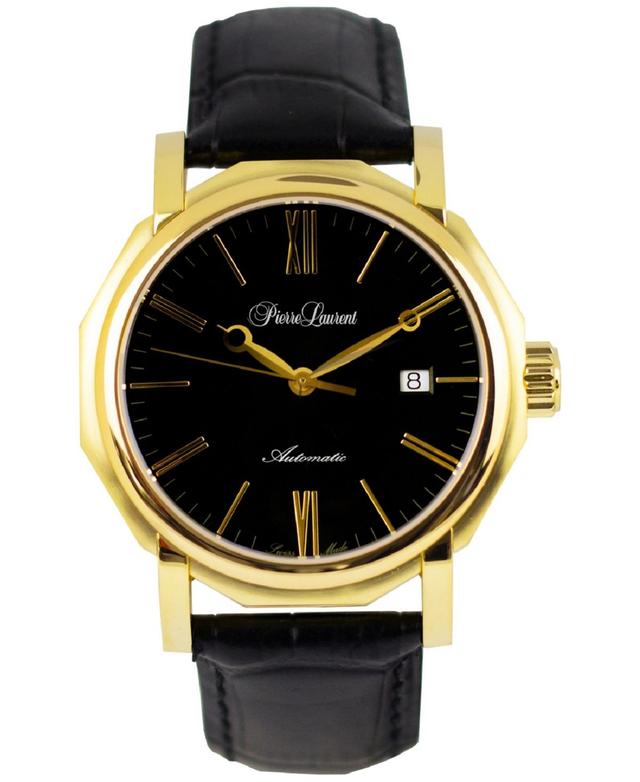 Pierre Laurent Mens Swiss Automatic Heirloom Black Leather Strap Watch 46mm - 18Kt Gold Plated With Black Dial Product Image