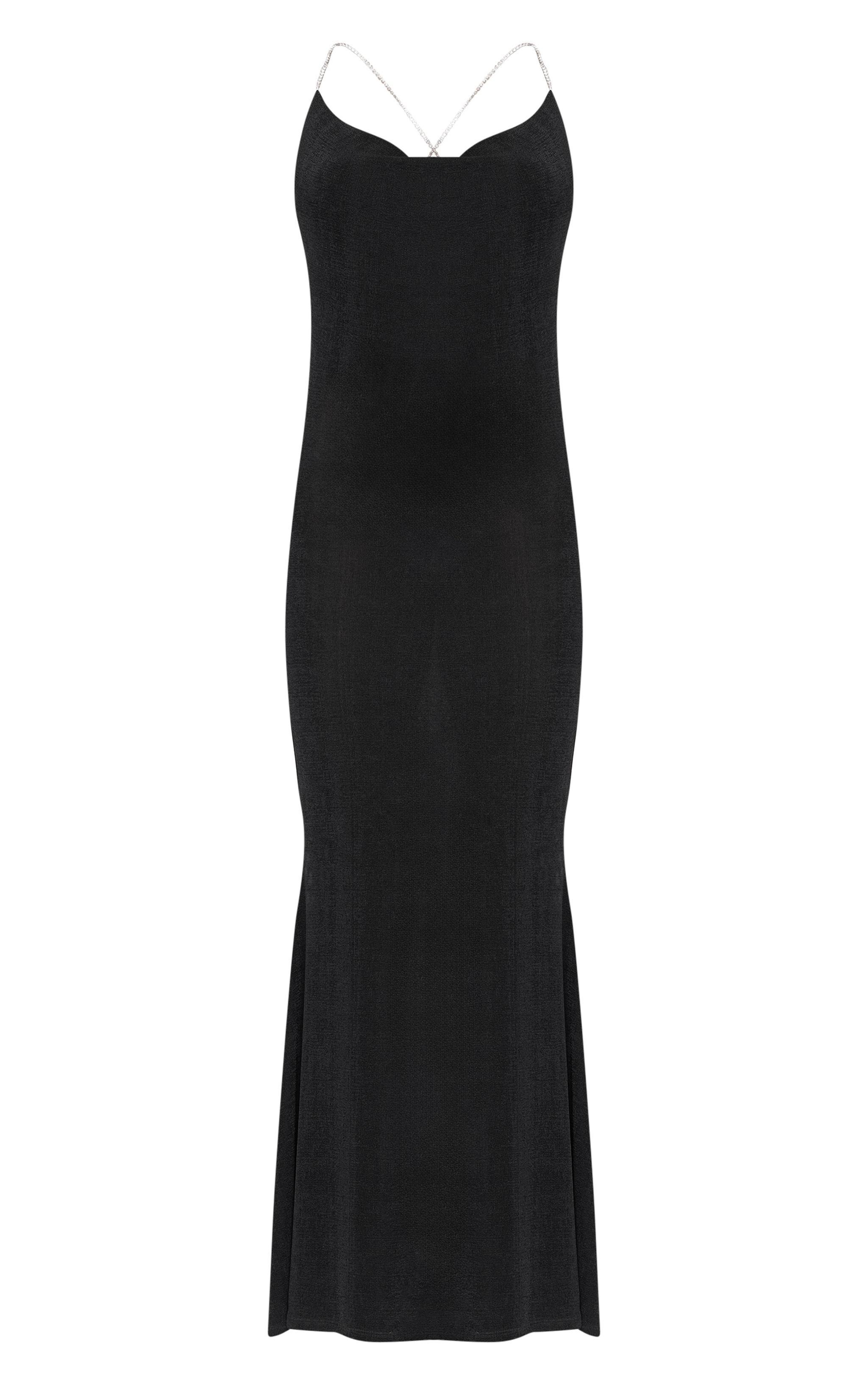 Black Slinky Diamante Strap Cowl Back Maxi Dress Product Image