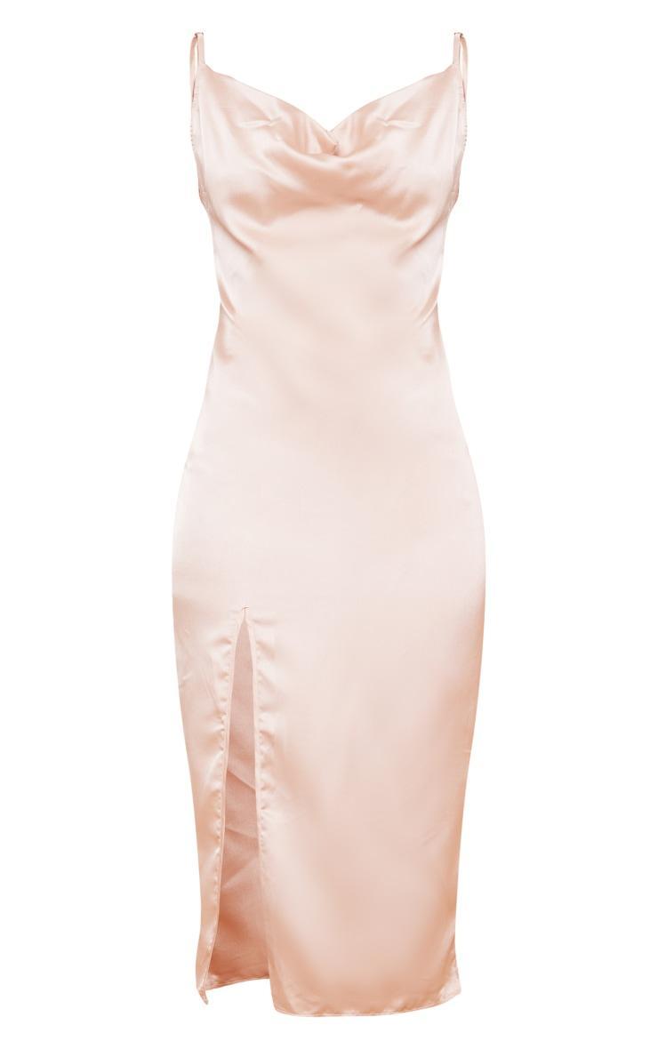 Champagne Strappy Satin Cowl Midi Dress Product Image