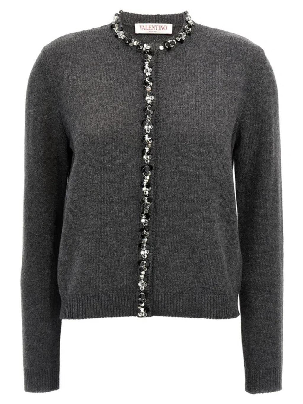 VALENTINO Crystal Sequins Crew Neck Cardigan In Gray Product Image