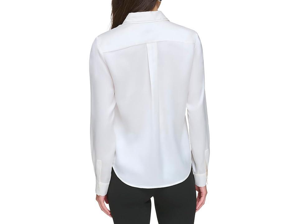 DKNY Long Sleeve Shirt Collar Button Front with Contrast Stitch (Ivory) Women's Clothing Product Image