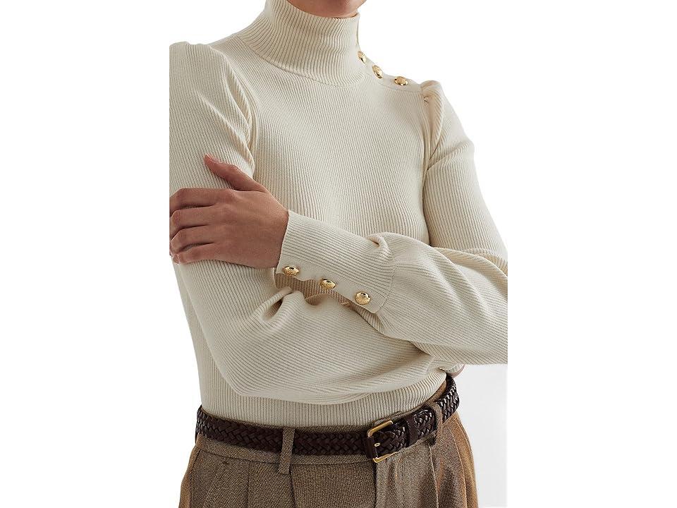 Lauren Ralph Lauren Button-Trim Mock Neck Sweater (Mascarpone Cream) Women's Clothing Product Image