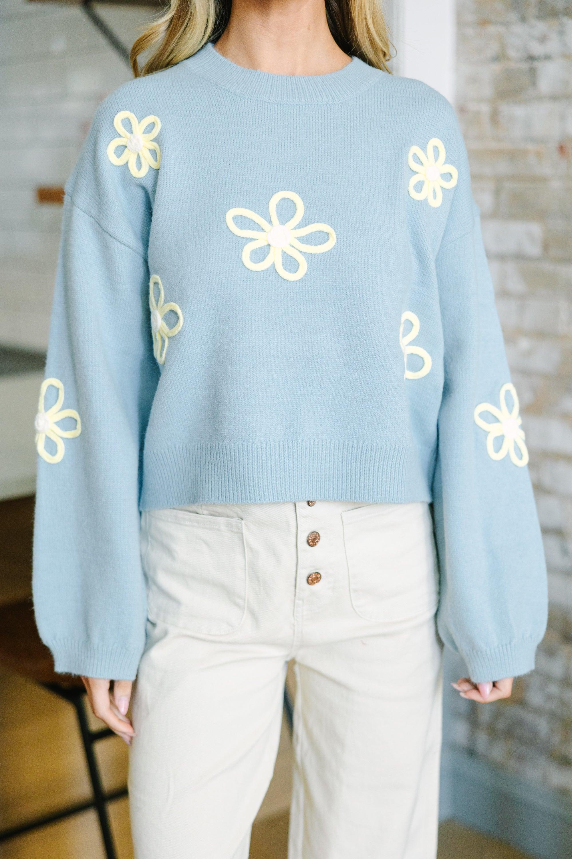 Feeling Femme Light Blue Floral Sweater Female Product Image