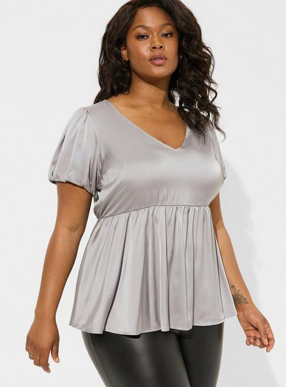 Satin V-Neck Puff Short Sleeve Blouse product image